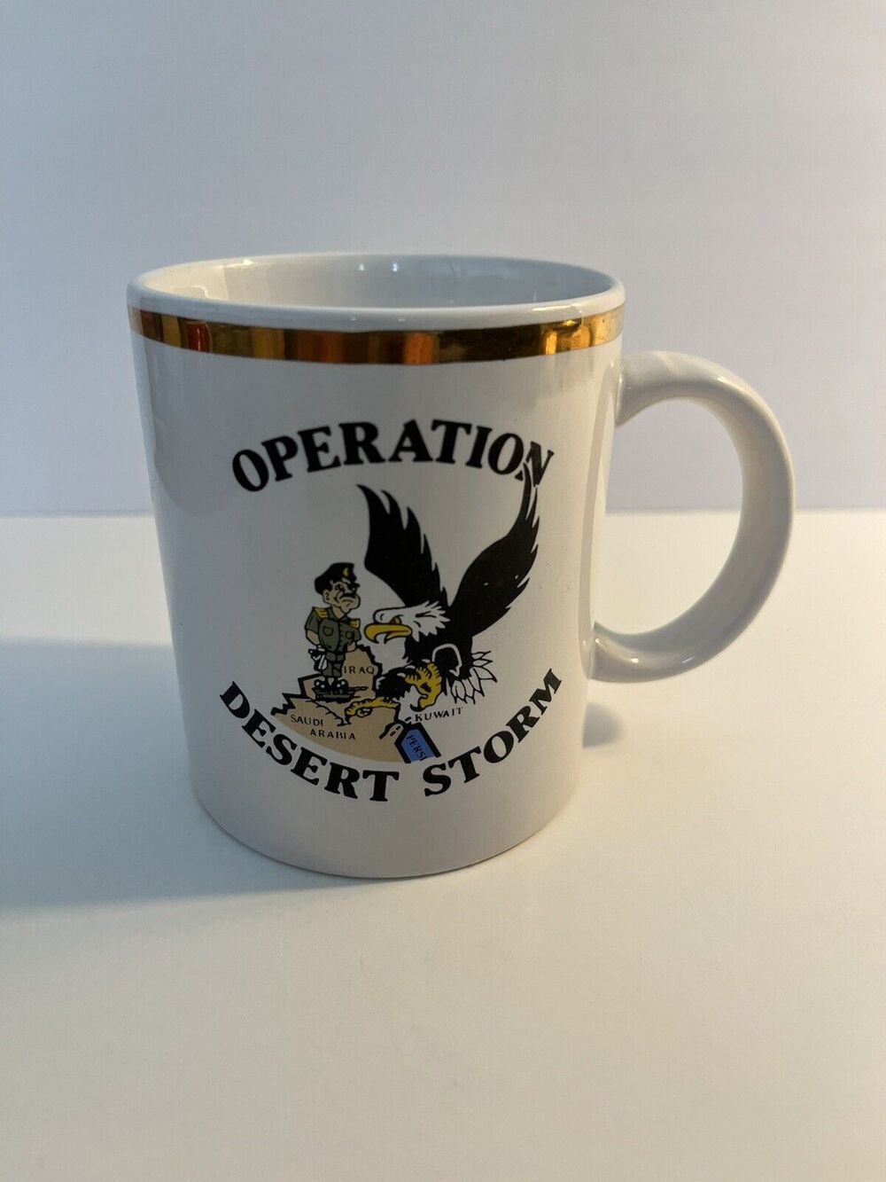 Vintage Operation Desert Storm Coffee Mug Military Eagle Gold Trim USA Gulf War